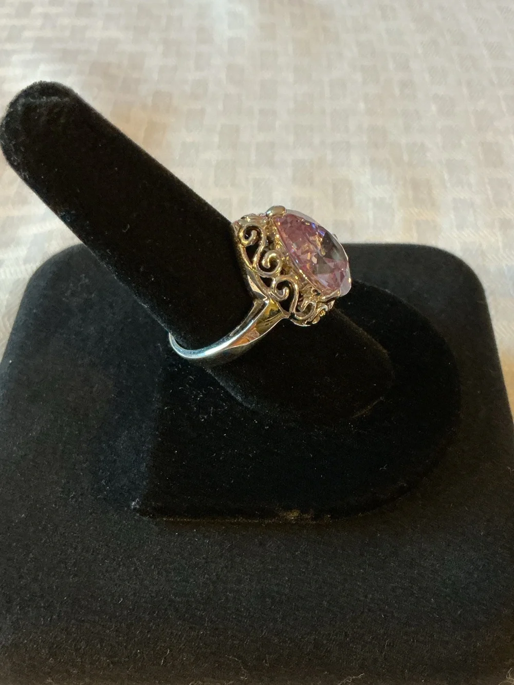 Lavender Pear Cut Cubic Zirconia Silver Tone 3.5 Carat DEW Ring